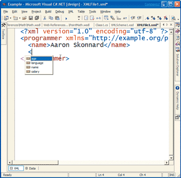 Figure 12 Visual Studio .NET XML Editor with IntelliSense