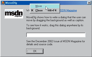 Figure 6 MoveDlg with System Menu