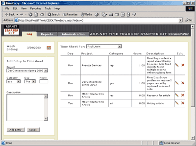 Figure 1 Log Tab in Time Tracker Starter Kit