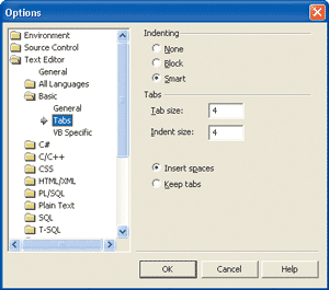 Figure 5 Smart Indenting in Tabs Page in Tools