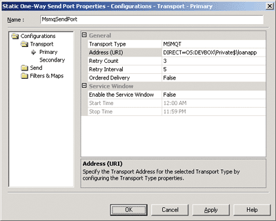 Figure 2 Configuring a New Send Port (MSMQ)