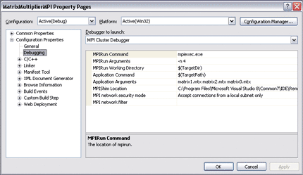 Figure 10 MatrixMultiplierMPI Debugging Properties