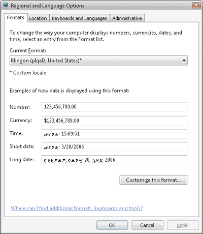 Figure 1 Custom Locale in Windows Vista