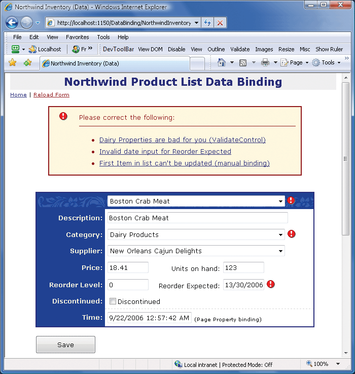 Figure 2 Displaying Binding Errors