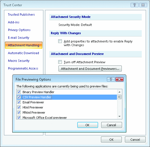 Figure 8 List of Preview Handlers in the Outlook Trust Center