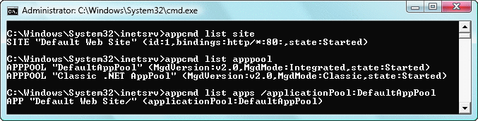 Figure 3 Appcmd.exe Command-Line Administration for IIS 7.0