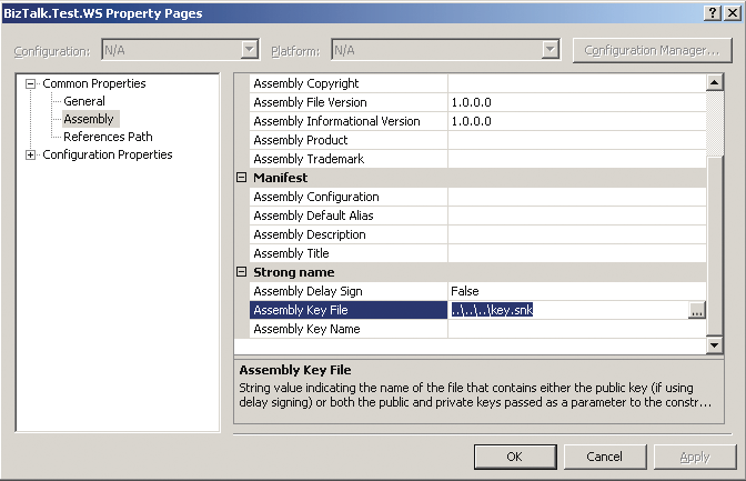 Figure 6 Configuring the Assembly Key File for a BizTalk Project