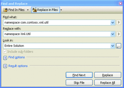 Figure 7 Find and Replace Namespace Declarations