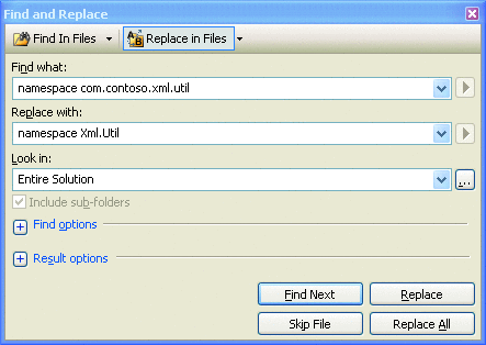 Figure 7 Find and Replace Namespace Declarations