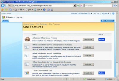 Figure 7 Activating and Deactivating Site Features