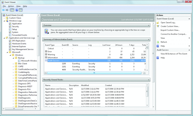 Figure 1 Windows Vista Event Viewer