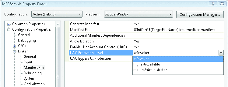 Figure 10 User Account Control Options for Visual C++ Projects
