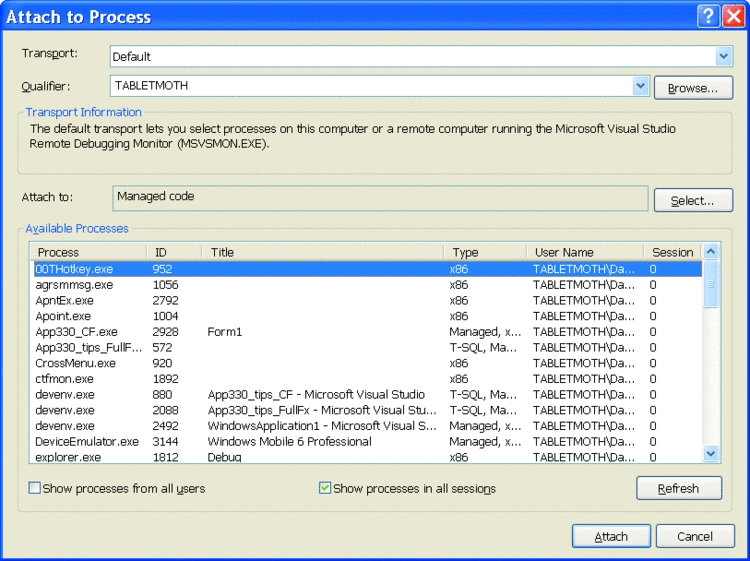 Figure 15 Attach to Process Dialog