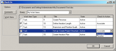 Figure 8 Completed Check-In Dialog with Work Item Support