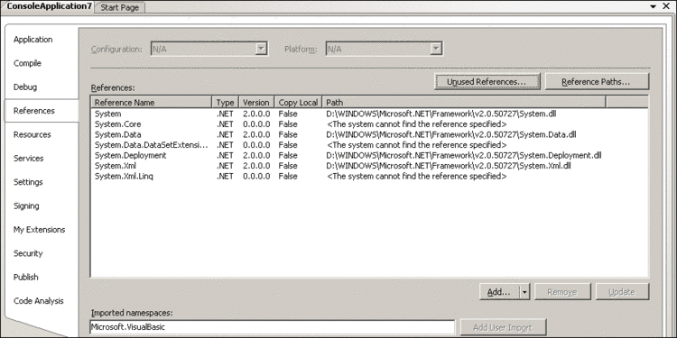 Figure 6 References for Changed Target to the .NET Framework 2.0
