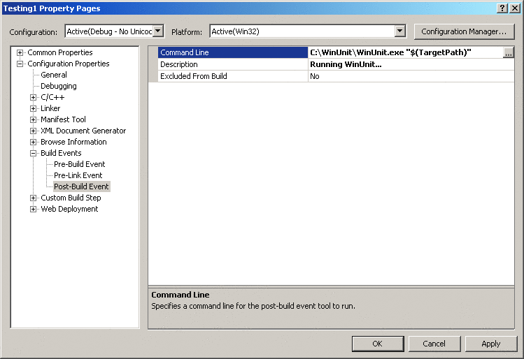 Figure 2 Configuring WinUnit as a Post-Build Event