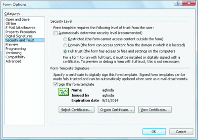 Figure 11 Security and Trust Settings