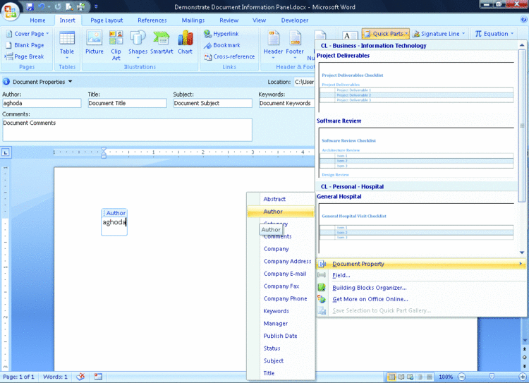 Figure 15 Author Standard Document Property Added as a Quick Part