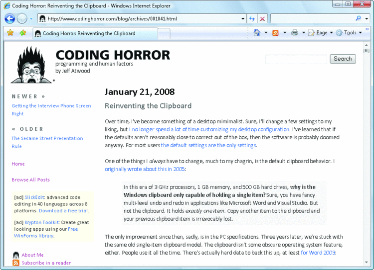Jeff Atwood's Blog, Coding Horror 